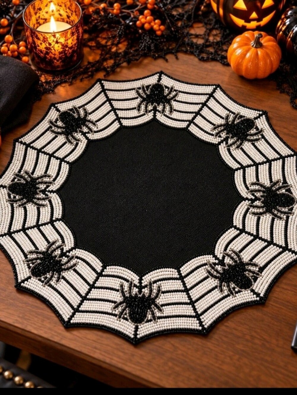 4pc Tahari Halloween Spider Web 15in Beaded Shaped Placemats Chargers NEW